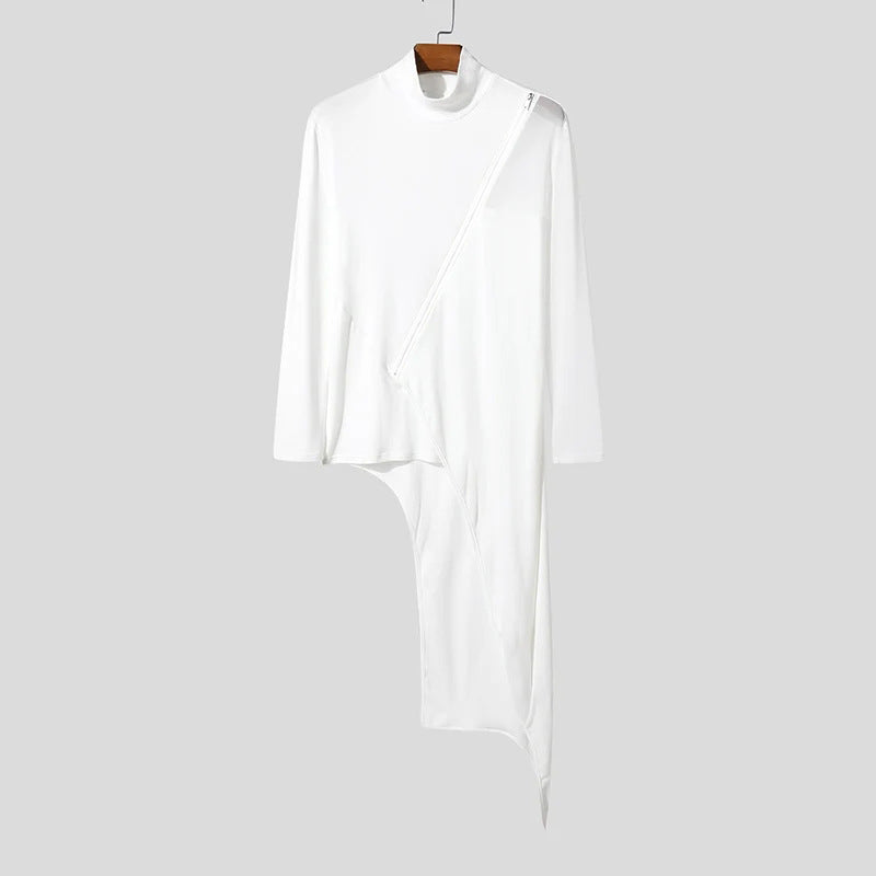 Ladies avant-garde long shirt with diagonal zipper, stand-up collar and irregular pointed hem StylebySassy