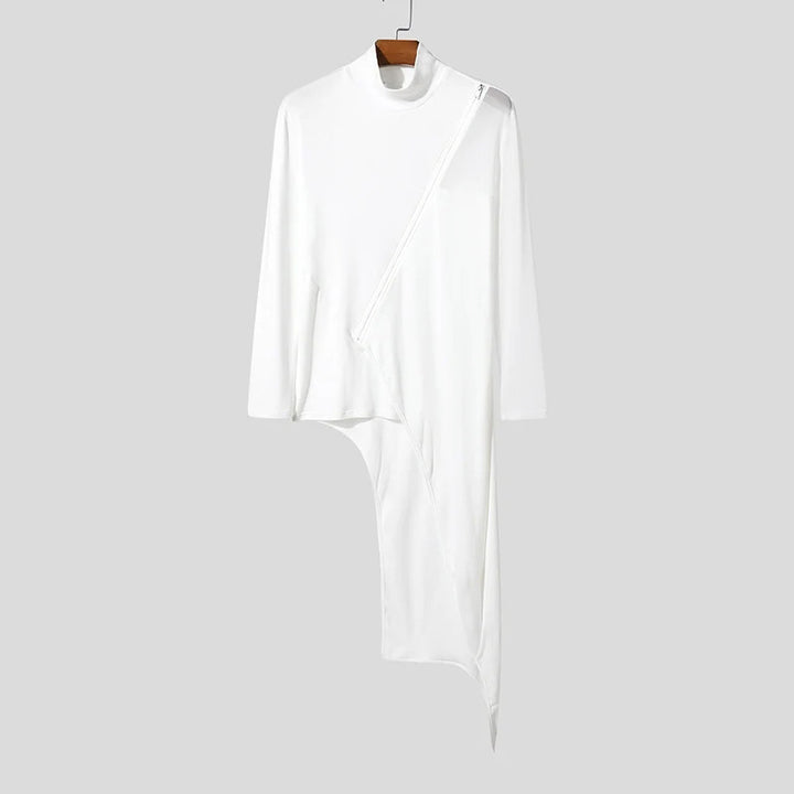 Ladies avant-garde long shirt with diagonal zipper, stand-up collar and irregular pointed hem StylebySassy