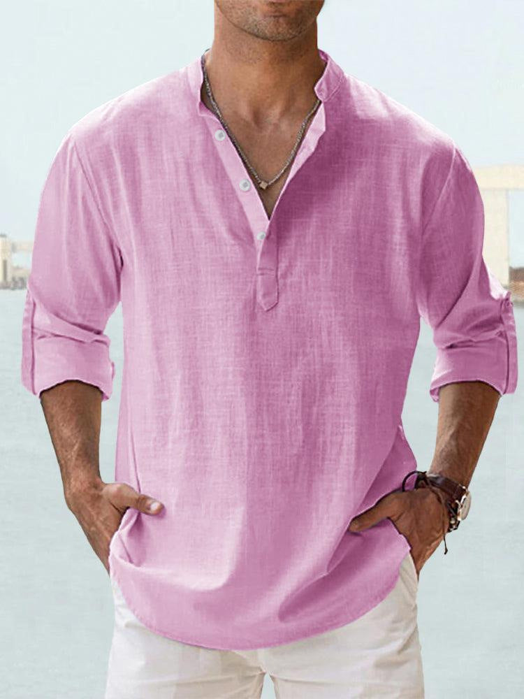 Men's nan casual linen henley shirt with stand-up collar, roll-up sleeves, and rounded hem StylebySassy