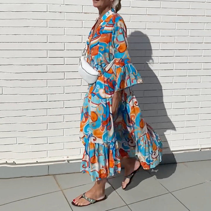 Women's airy maxi dress with watercolor print, V-neck, half button placket and tiered skirt StylebySassy