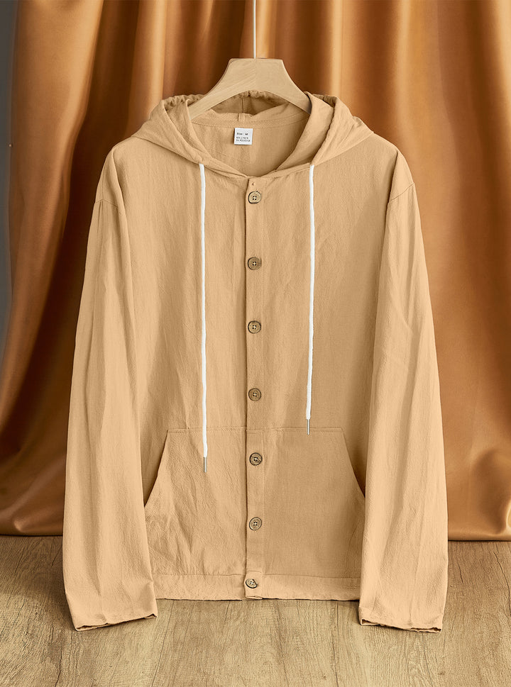 Men's lightweight hoodie jacket with button placket, kangaroo pocket, and drawstring StylebySassy