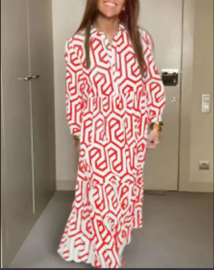 Women's long shirt collar tiered dress with geometric allover print and gathered waist yoke StylebySassy