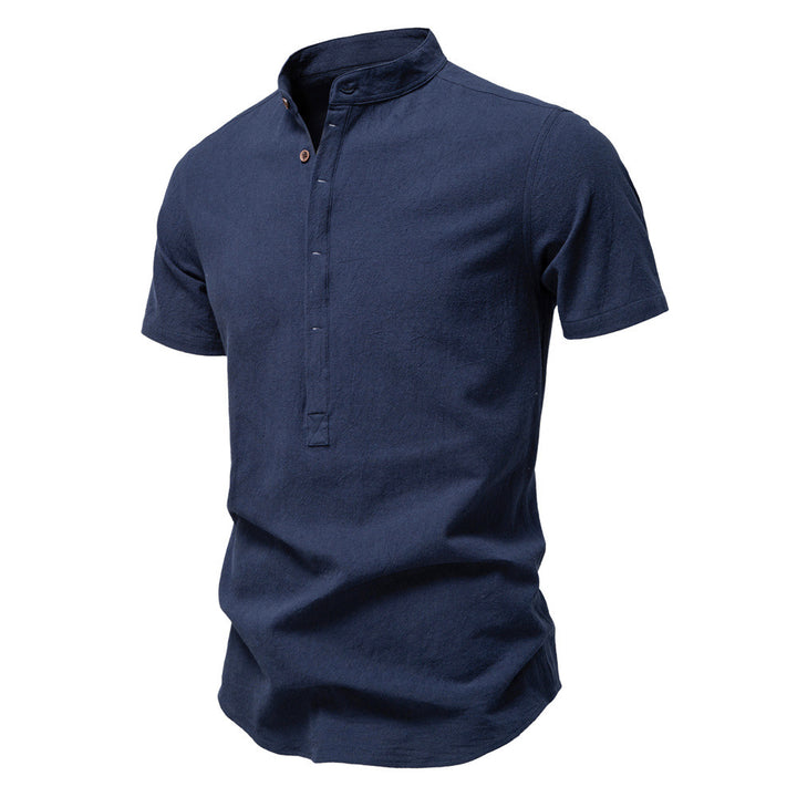 Men's casual short-sleeve shirt with stand-up collar, half button placket, and lightly textured cotton-linen quality StylebySassy