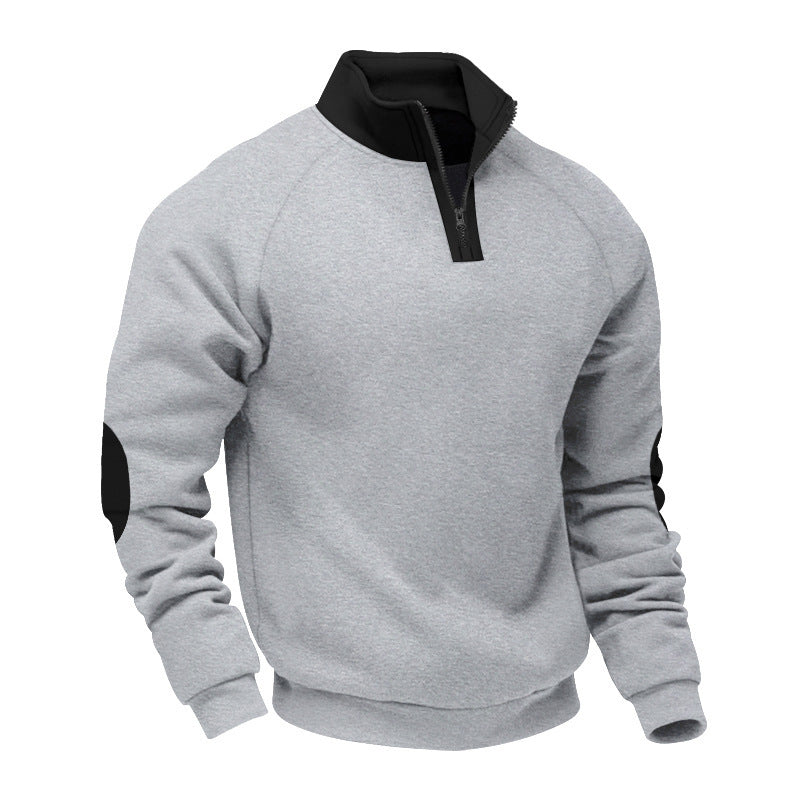 Men's half-zip fleece pullover with stand-up collar raglan sleeves and elbow patches StylebySassy