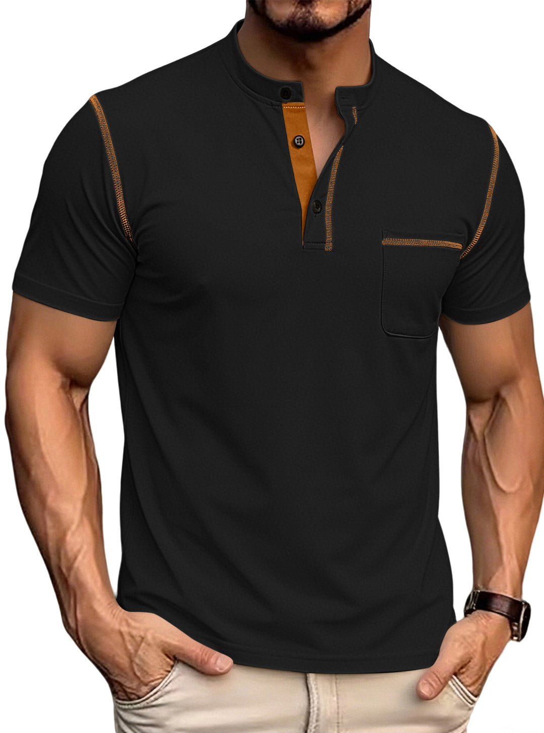 Men's short-sleeved Henley shirt with stand-up collar, chest pocket, and contrasting decorative stitching StylebySassy