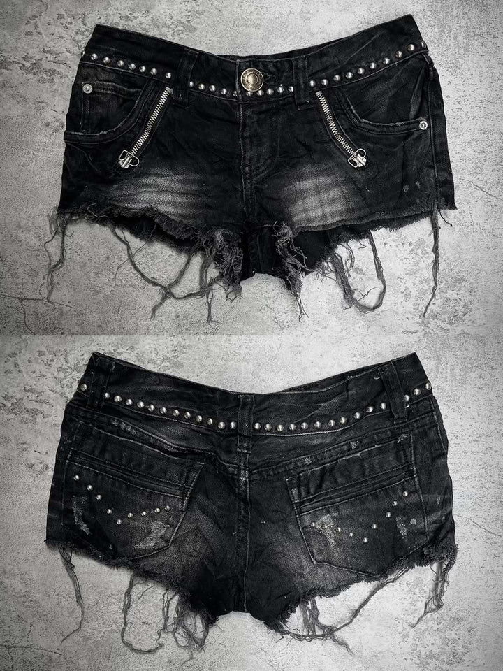 Ladies Fashion Destroyed Denim Shorts with Studs StylebySassy