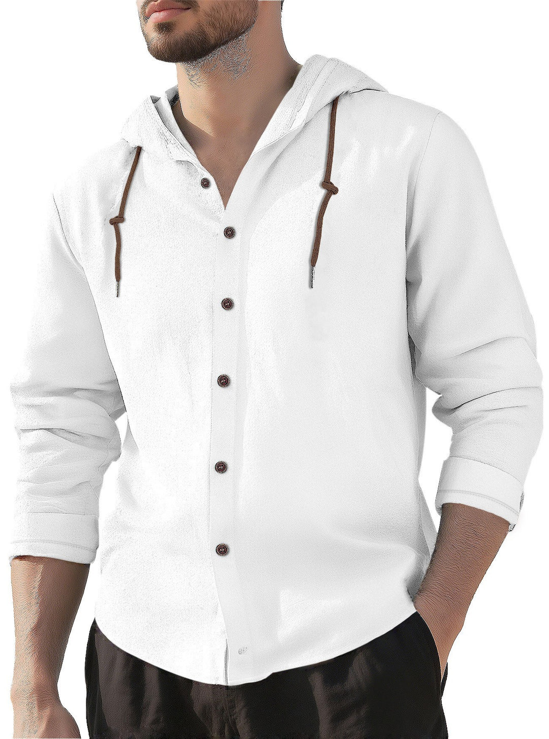 Men's hooded shirt in linen look with button placket and drawstring StylebySassy