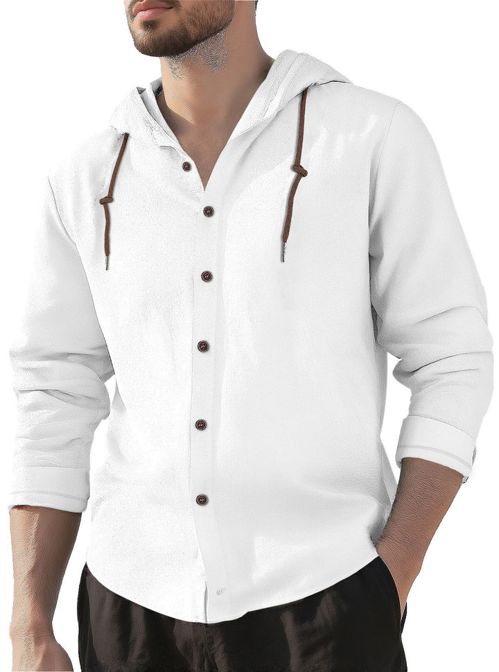 Men's hooded shirt in linen look with button placket and drawstring StylebySassy