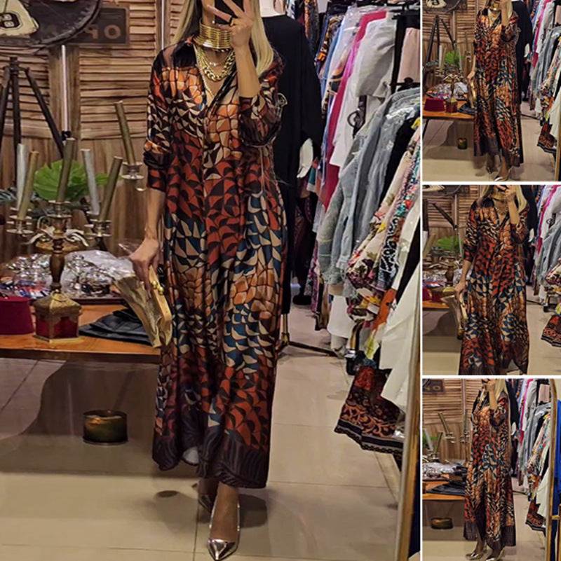 Women's flowing satin shirt dress with shirt collar, geometric mosaic print, and casual maxi length StylebySassy