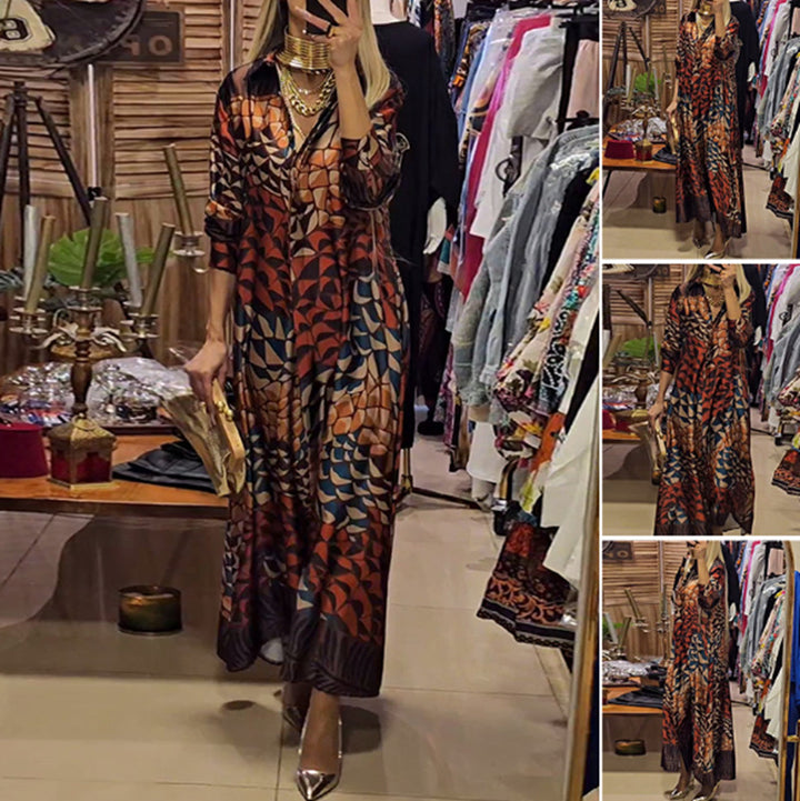 Women's flowing satin shirt dress with shirt collar, geometric mosaic print, and casual maxi length StylebySassy