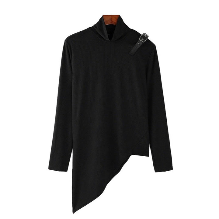 Women's asymmetrical long sleeve top made of fine knit with stand-up collar, diagonal hem, and adjustable shoulder strap StylebySassy