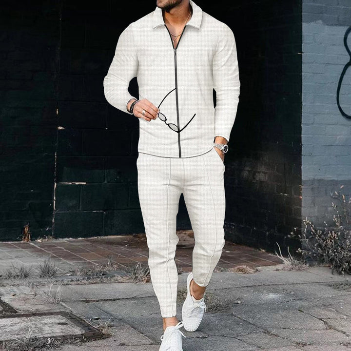 Men's casual waffle texture tracksuit with shirt collar, concealed zipper and drawstring pants StylebySassy