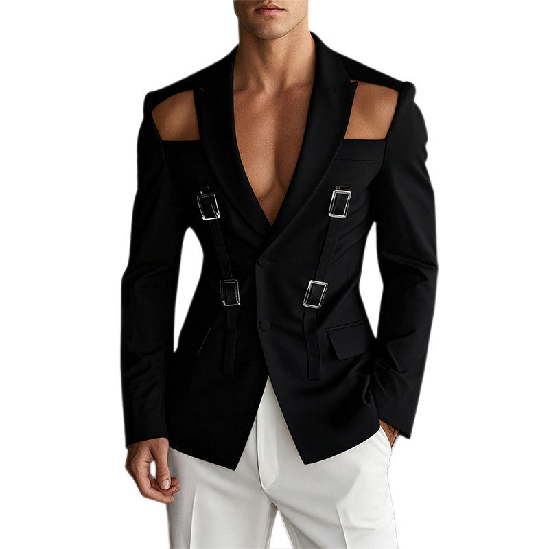 Men's avant-garde blazer with shoulder cutouts and buckle straps StylebySassy