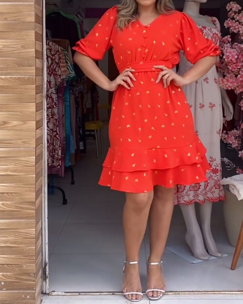 Women's knee-length ruffle dress with waist belt, V-neckline and gathered puff sleeves StylebySassy