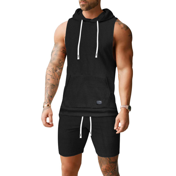 Men's sleeveless hoodie vest set made of textured cotton blend with kangaroo pocket and drawstring shorts StylebySassy