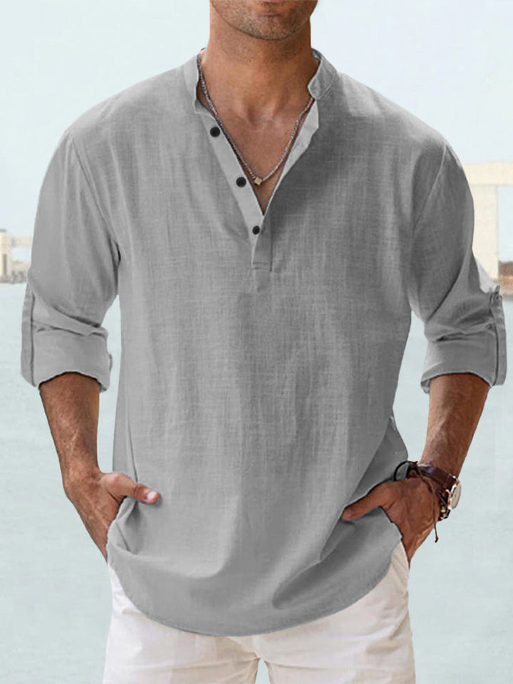 Men's nan casual linen henley shirt with stand-up collar, roll-up sleeves, and rounded hem StylebySassy