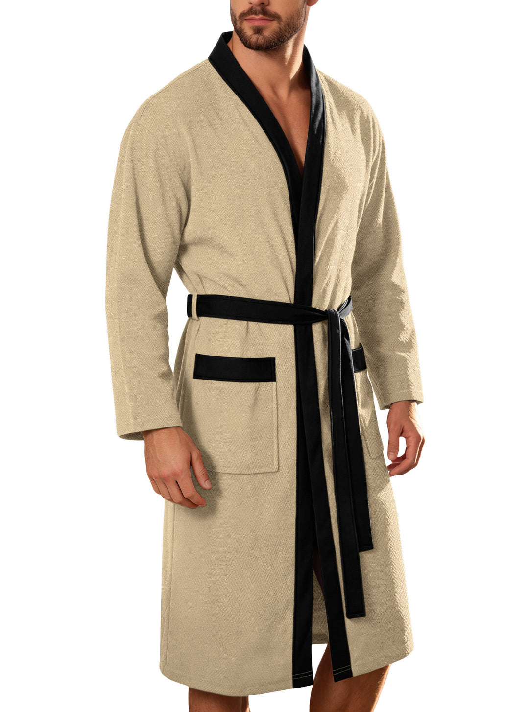 Men's lightweight cotton kimono bathrobe with waffle texture and patch pockets StylebySassy