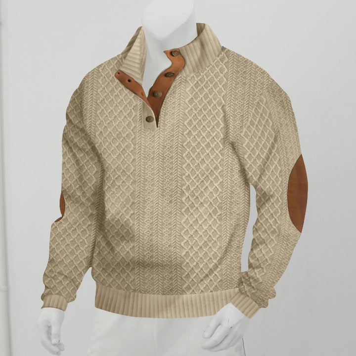 Men's chunky cable knit Troyer with button placket and suede elbow patches StylebySassy