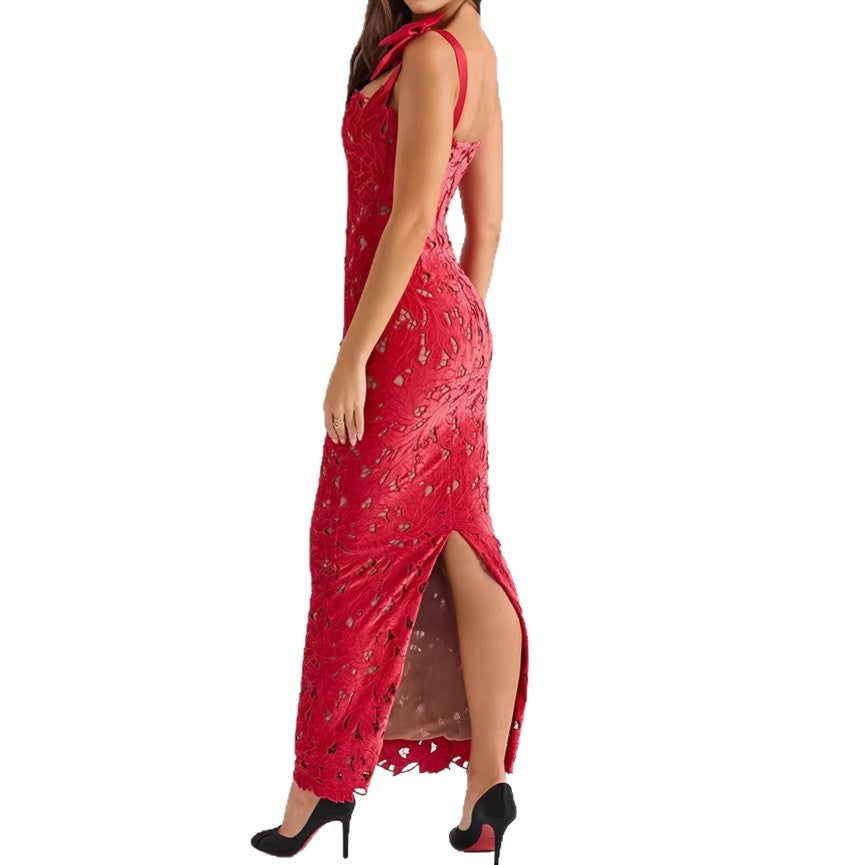 Women's form-fitting floor-length lace evening dress in column shape with decorative bow straps StylebySassy