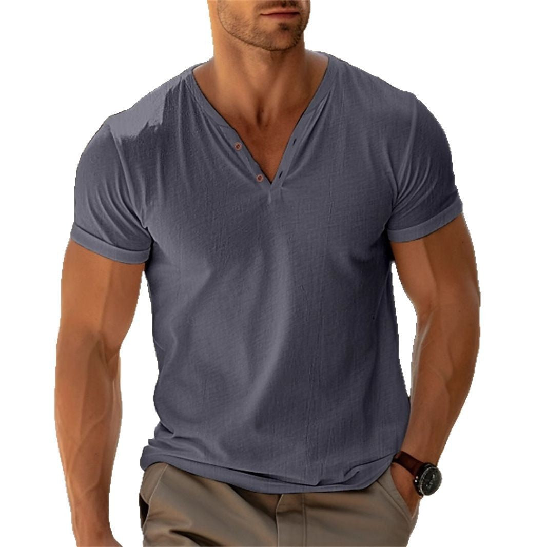 Men's fitted Henley T-shirt with V-neck, short button placket and roll-up sleeves StylebySassy