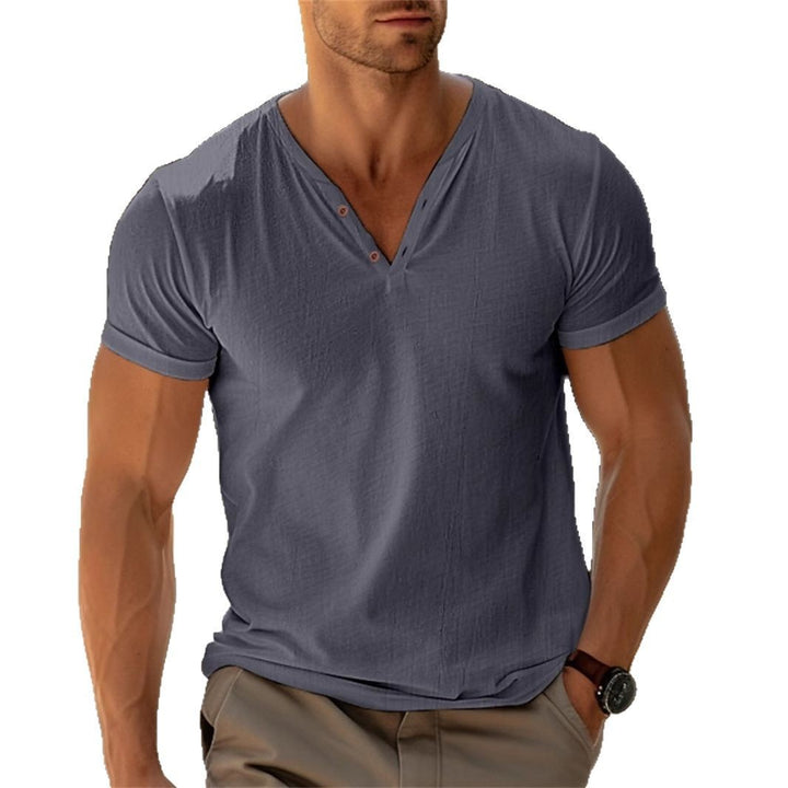 Men's fitted Henley T-shirt with V-neck, short button placket and roll-up sleeves StylebySassy
