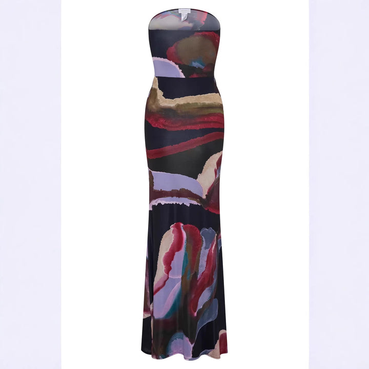 Women's Strapless Maxi Dress with Flowing Fabric and Artistic Print StylebySassy