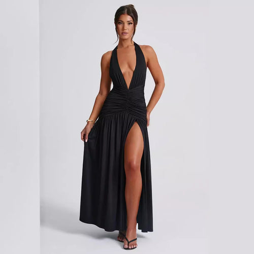 Ladies maxi dress with deep V-neck and ruffles
