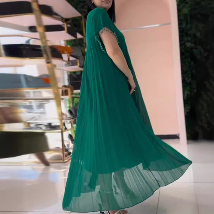 Women nan elegant chiffon pleated maxi dress with wide swing skirt and tassel sleeves StylebySassy