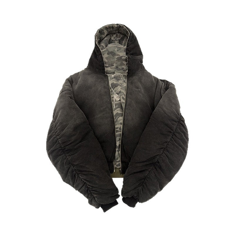 Men's short-cut camouflage bomber-style hooded jacket with teddy lining and two-way zipper StylebySassy