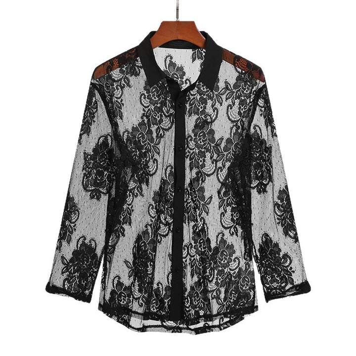 Ladies nan lightweight floral lace blouse with shirt collar and decorative button placket StylebySassy