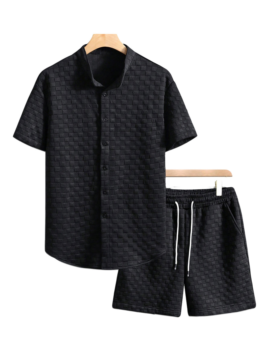 Men's two-piece summer ensemble with stand-up collar shirt jacket and elastic comfort shorts in embossed checked texture StylebySassy