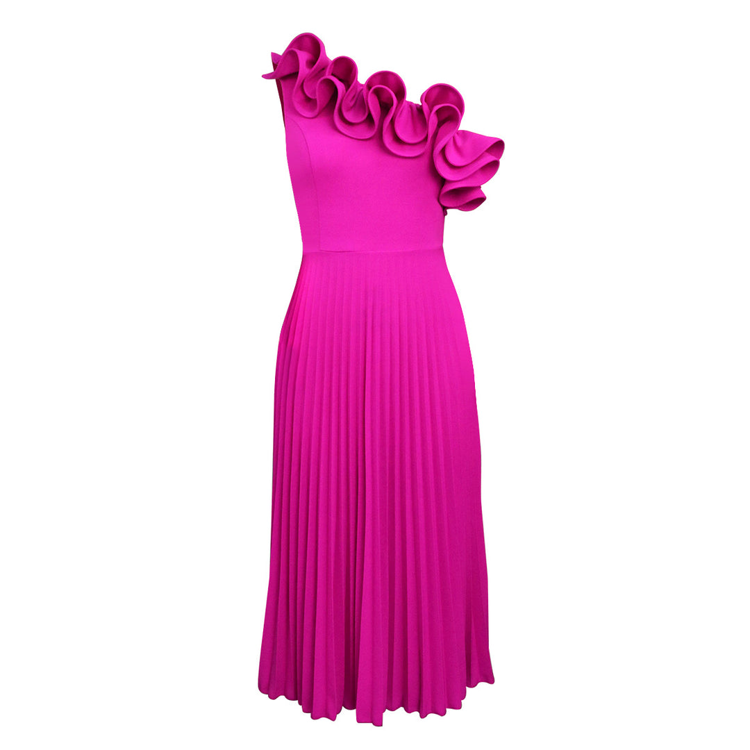 Women Folding Maxi Dress with Asymmetric Neckline and Ruffles