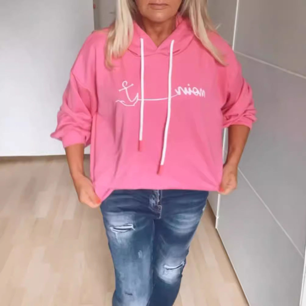 Women casual hoodie with minimalist line graphic, drawstring and ribbed hem StylebySassy