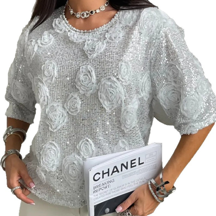 Women nan elegant sequin blouse with three-dimensional rose appliqués, round neckline and half-length sleeves StylebySassy