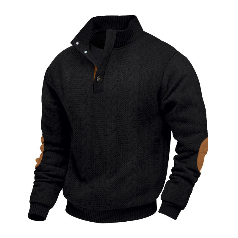 Men's cable knit turtleneck with stand-up collar, half button placket, and contrasting leather applications StylebySassy