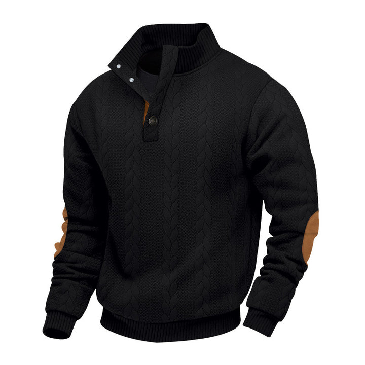 Men's cable knit turtleneck with stand-up collar, half button placket, and contrasting leather applications StylebySassy