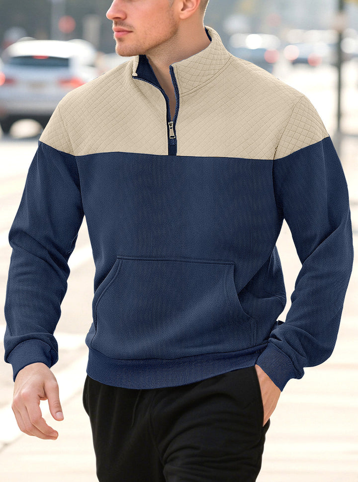 Men's half-zip sweatshirt with quilted shoulder area, kangaroo pocket, and ribbed cuffs StylebySassy