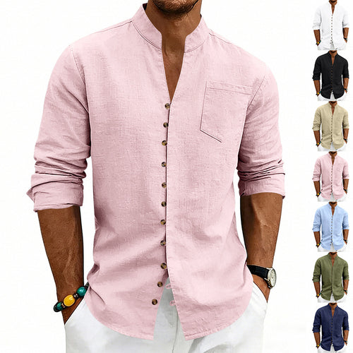 Men's lightweight linen shirt with stand-up collar, full button placket, and patch chest pocket StylebySassy