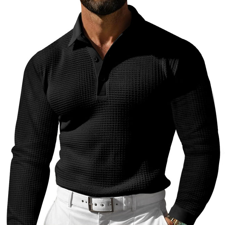 Men's form-fitting long-sleeve polo shirt made of fine waffle fabric with a slim Milano collar and elastic hem StylebySassy