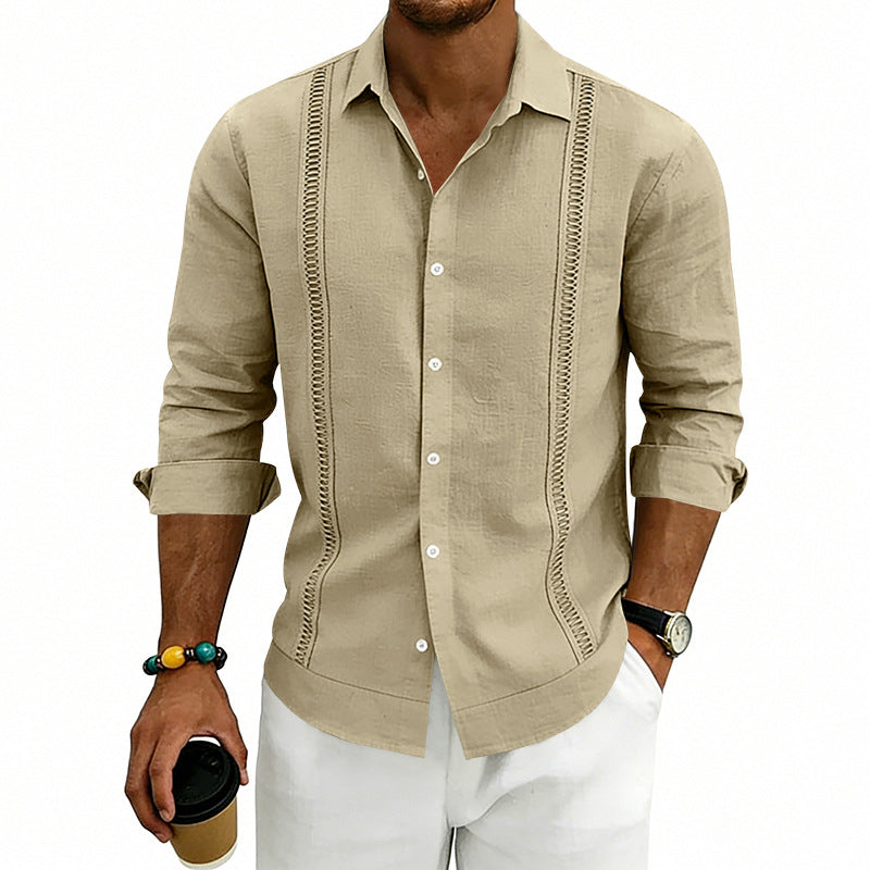 Men's casual linen blend shirt with vertical decorative stripes, Kent collar and relaxed fit StylebySassy