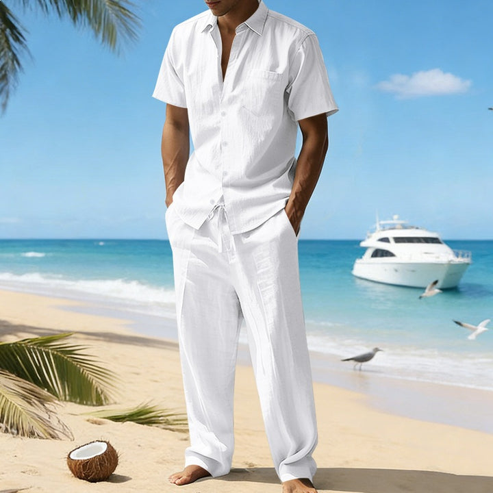 Men's resort-appropriate short-sleeve shirt with chest pocket and casual linen drawstring pants StylebySassy