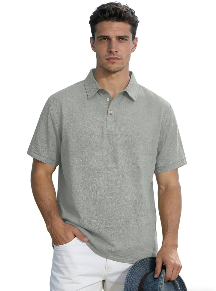 Men's short-sleeve polo with shirt collar, short button placket and structured cotton blend StylebySassy
