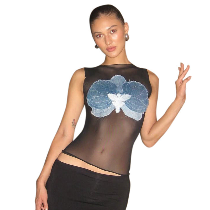 Women Sexy Crop Top with Transparent Fabric and Floral Denim Design StylebySassy