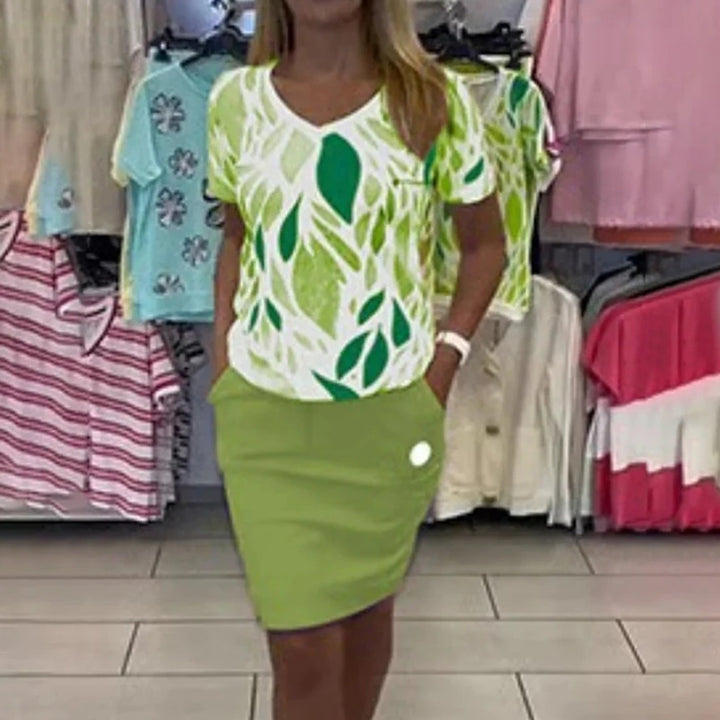 Ladies casual jersey two-piece set with printed V-neck shirt and knee-length pencil skirt with pockets StylebySassy