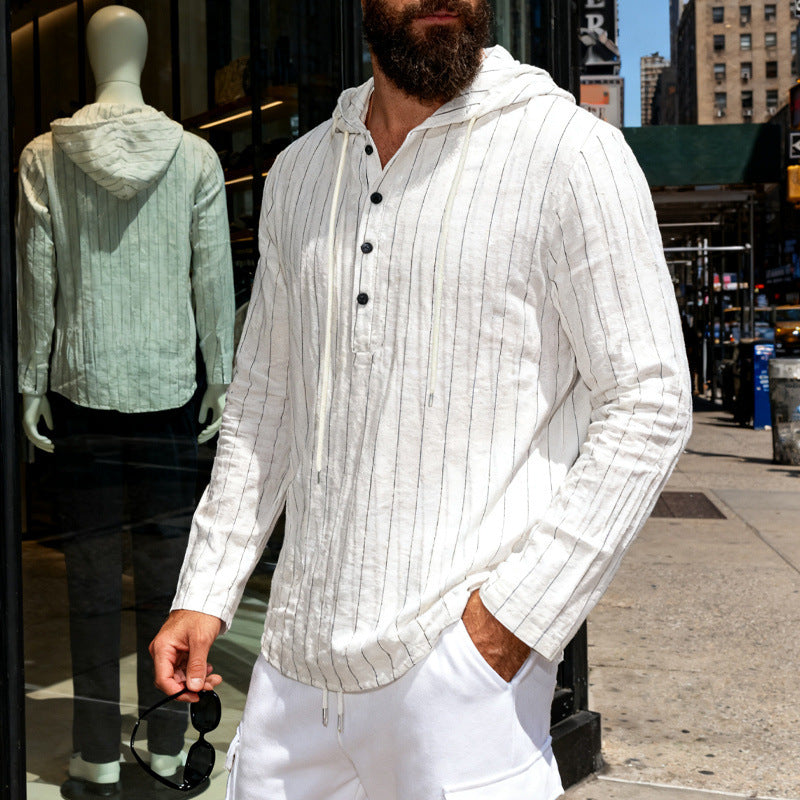 Men's linen blend hoodie shirt with half button placket and pinstripes StylebySassy