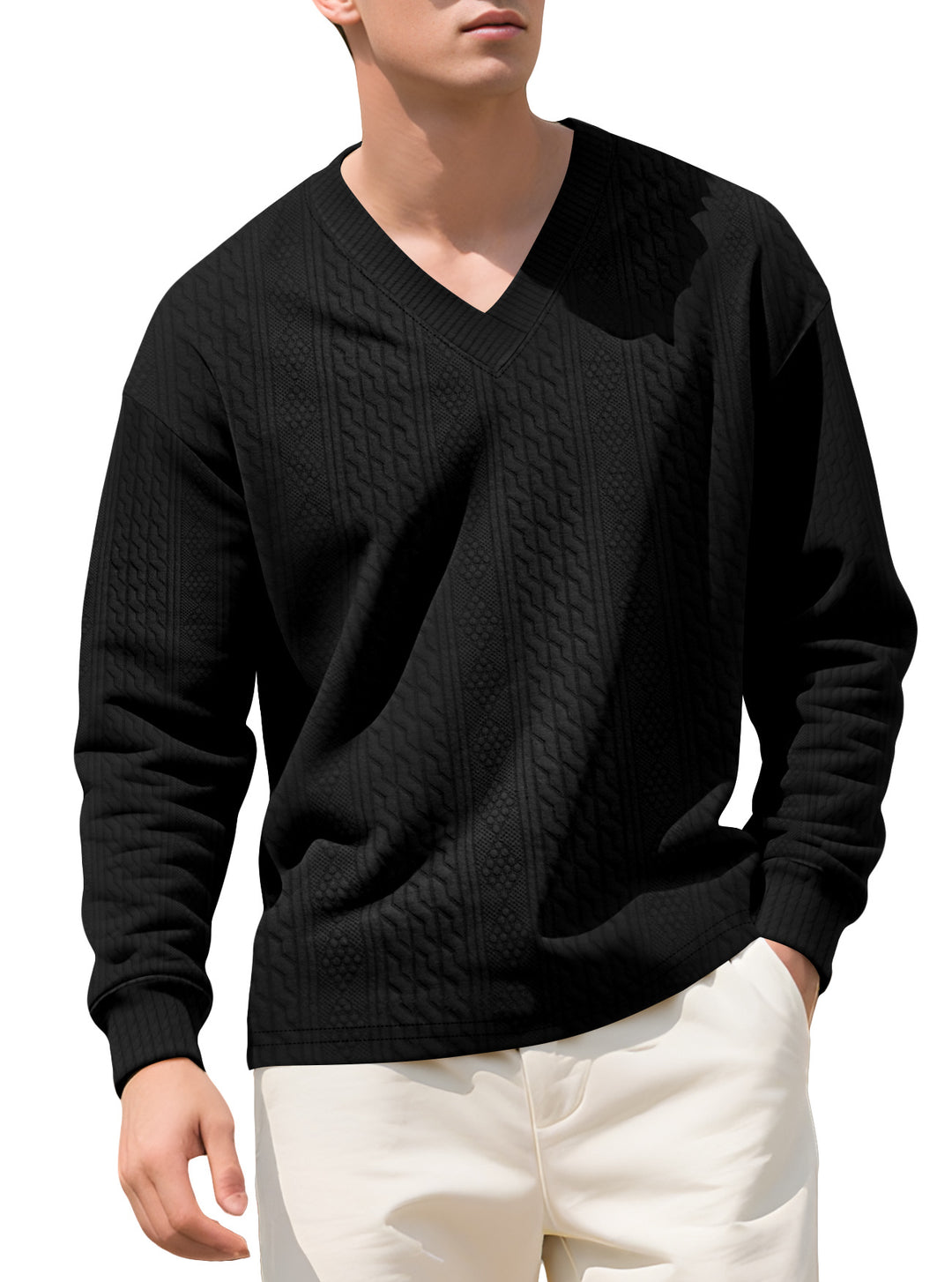 Men's structured V-neck knitted sweater with cable and honeycomb pattern StylebySassy