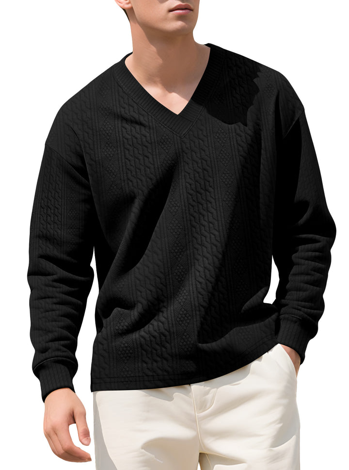 Men's structured V-neck knitted sweater with cable and honeycomb pattern StylebySassy