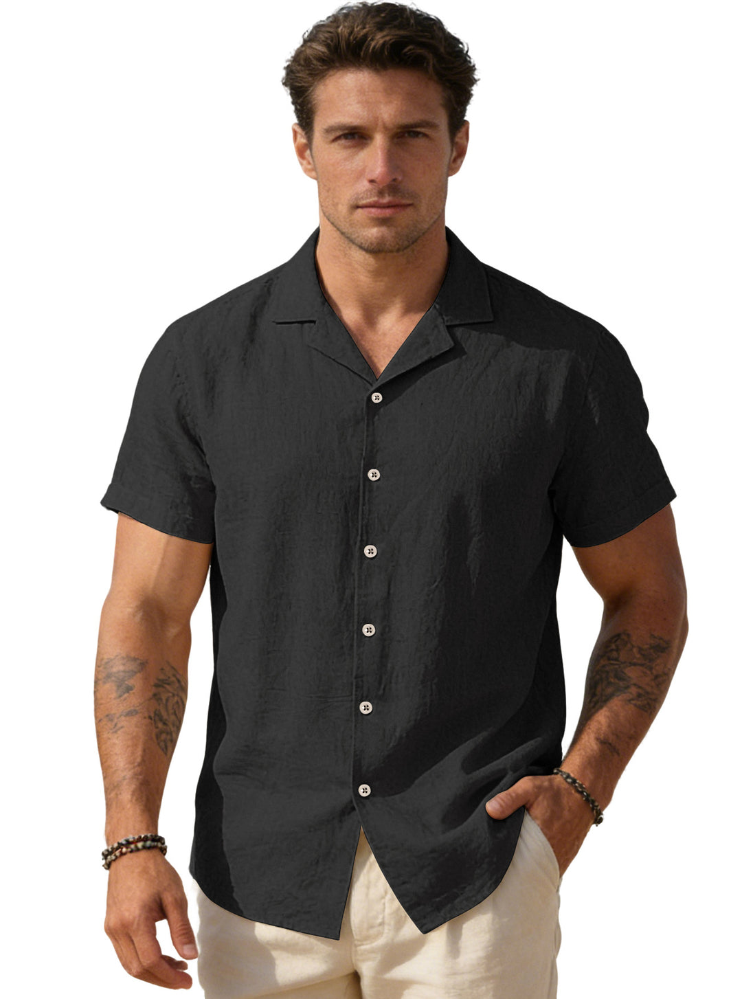 Men's airy linen camp shirt with open lapel collar short sleeve and relaxed summer fit StylebySassy