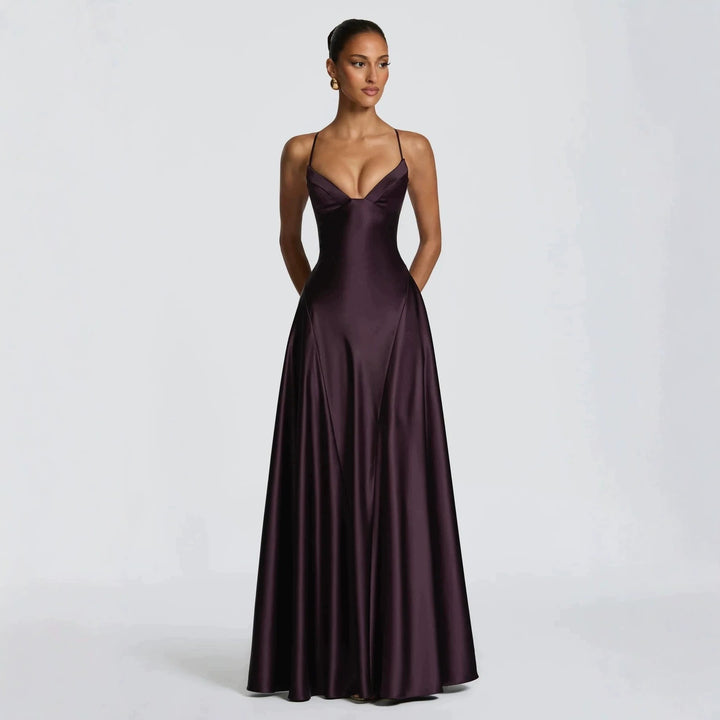 Ladies elegant satin maxi dress with refined spaghetti straps StylebySassy