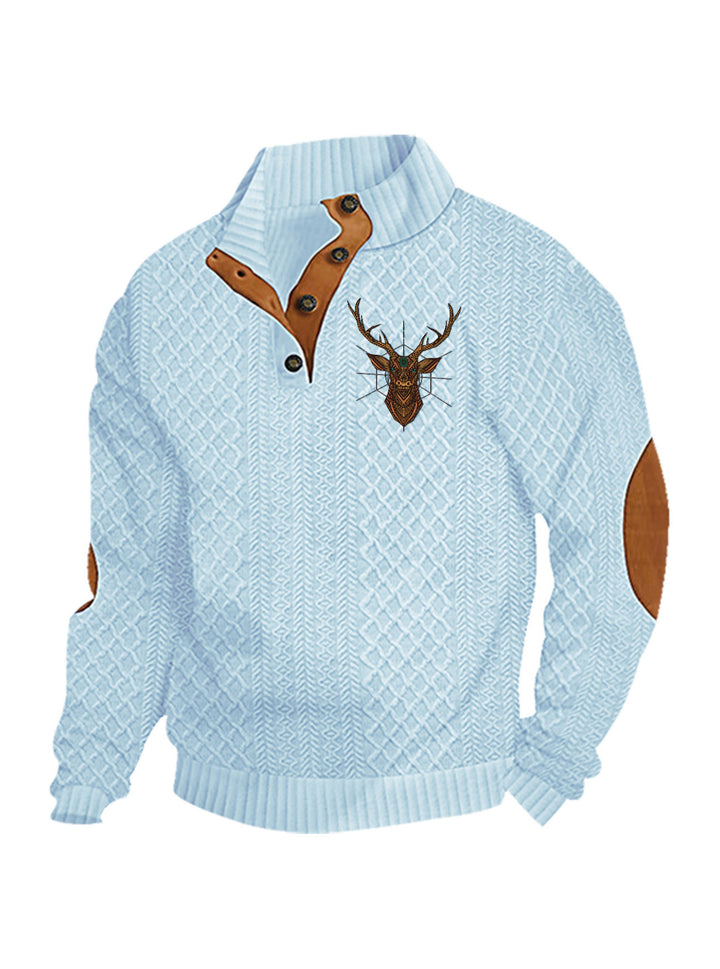 Men's nan Heritage textured pullover with stand-up collar faux leather trim elbow patches and half-button placket StylebySassy